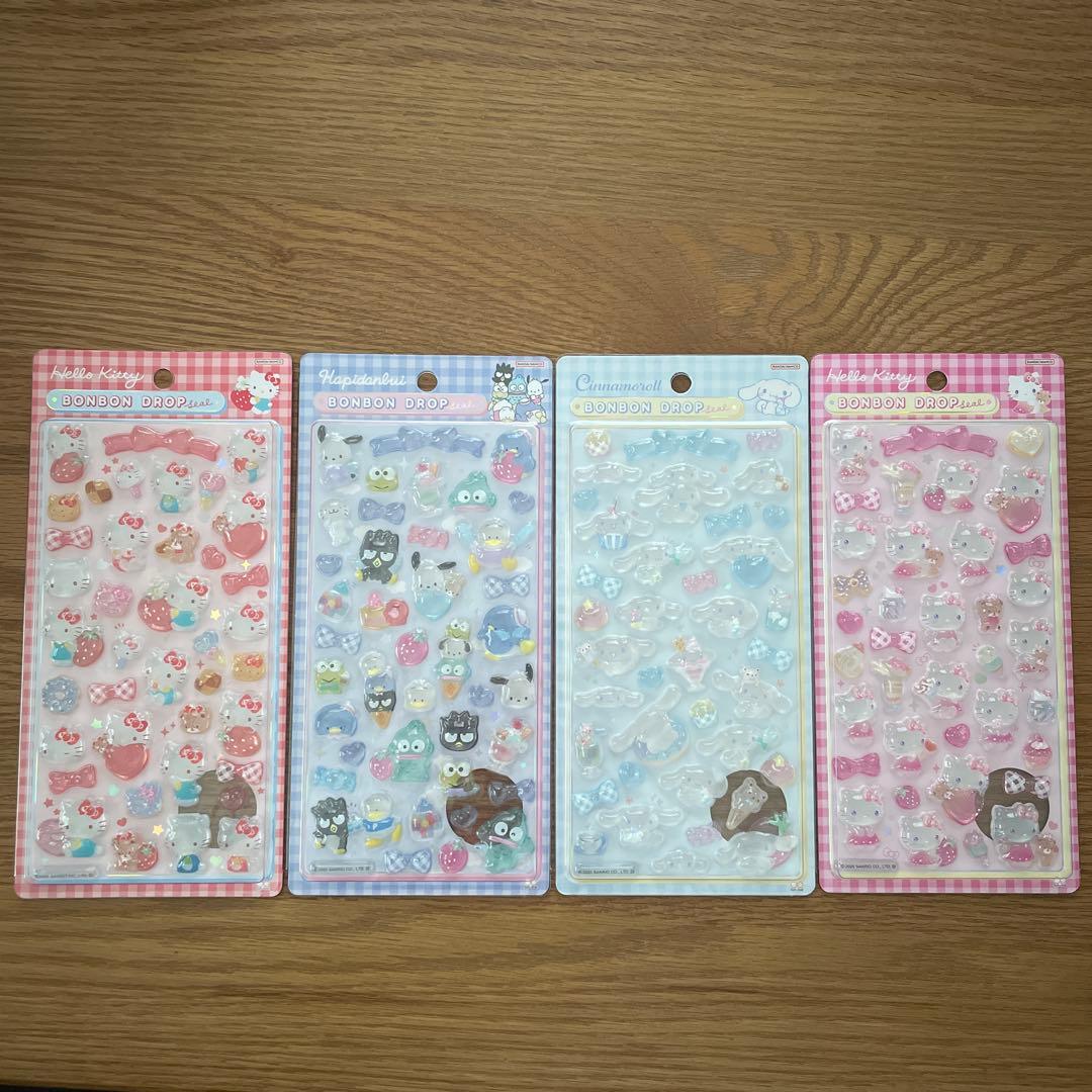 正規品◎ボンボンドロップシール4点セット　キティ赤•ピンク、はぴだん、シナモン