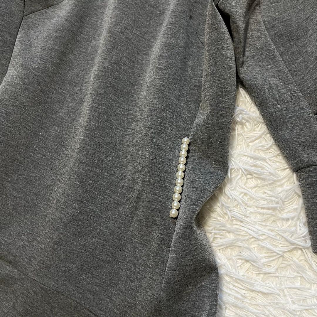 極美品 ストラ 2way 衿取り外しパール付き ワンピース フレア グレー 40