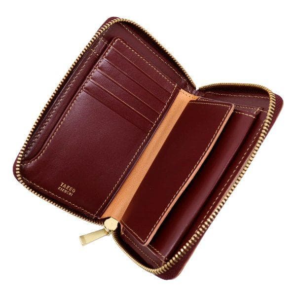 タケオキクチ 牛革 セミ長財布 ラウンドファスナー仕様 ボルドー