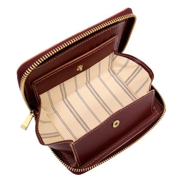 タケオキクチ 牛革 セミ長財布 ラウンドファスナー仕様 ボルドー