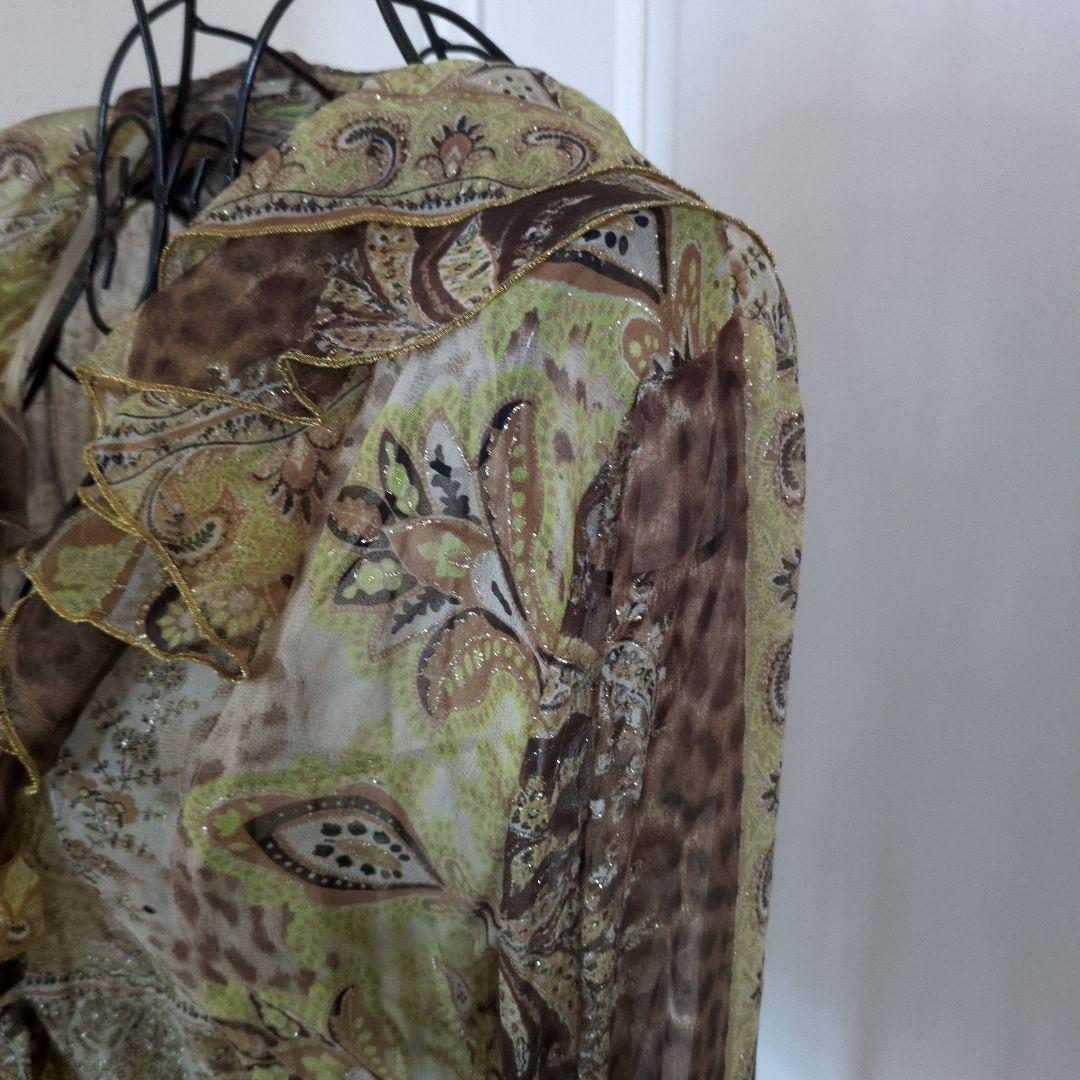 クラスロベルトカヴァリ　シルクシースルー長袖シャツ フリル付き ブラウン系