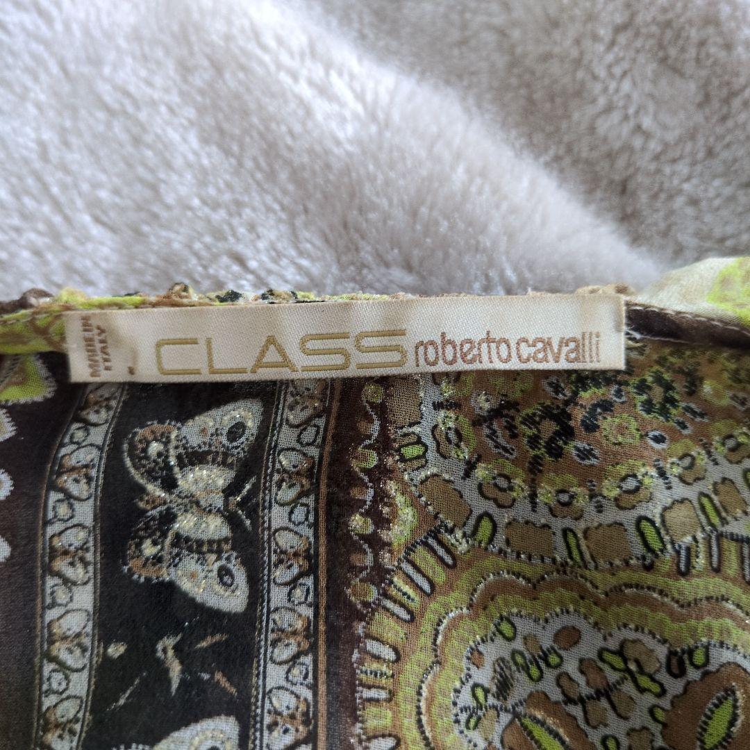 クラスロベルトカヴァリ　シルクシースルー長袖シャツ フリル付き ブラウン系