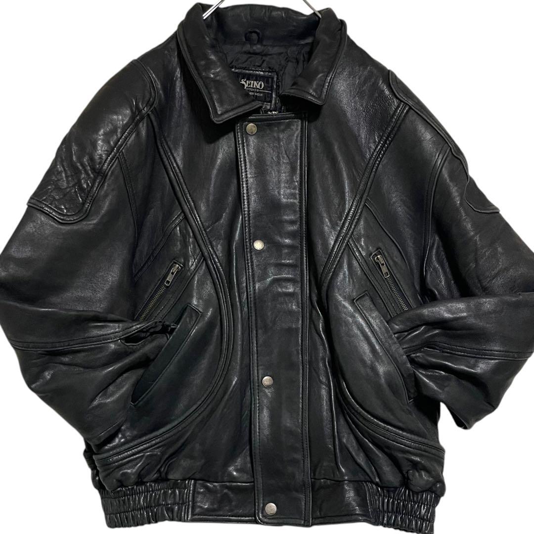 超大きいサイズ【SEIKO】羊革 ラムレザーシングルライダースジャケット 黒4L