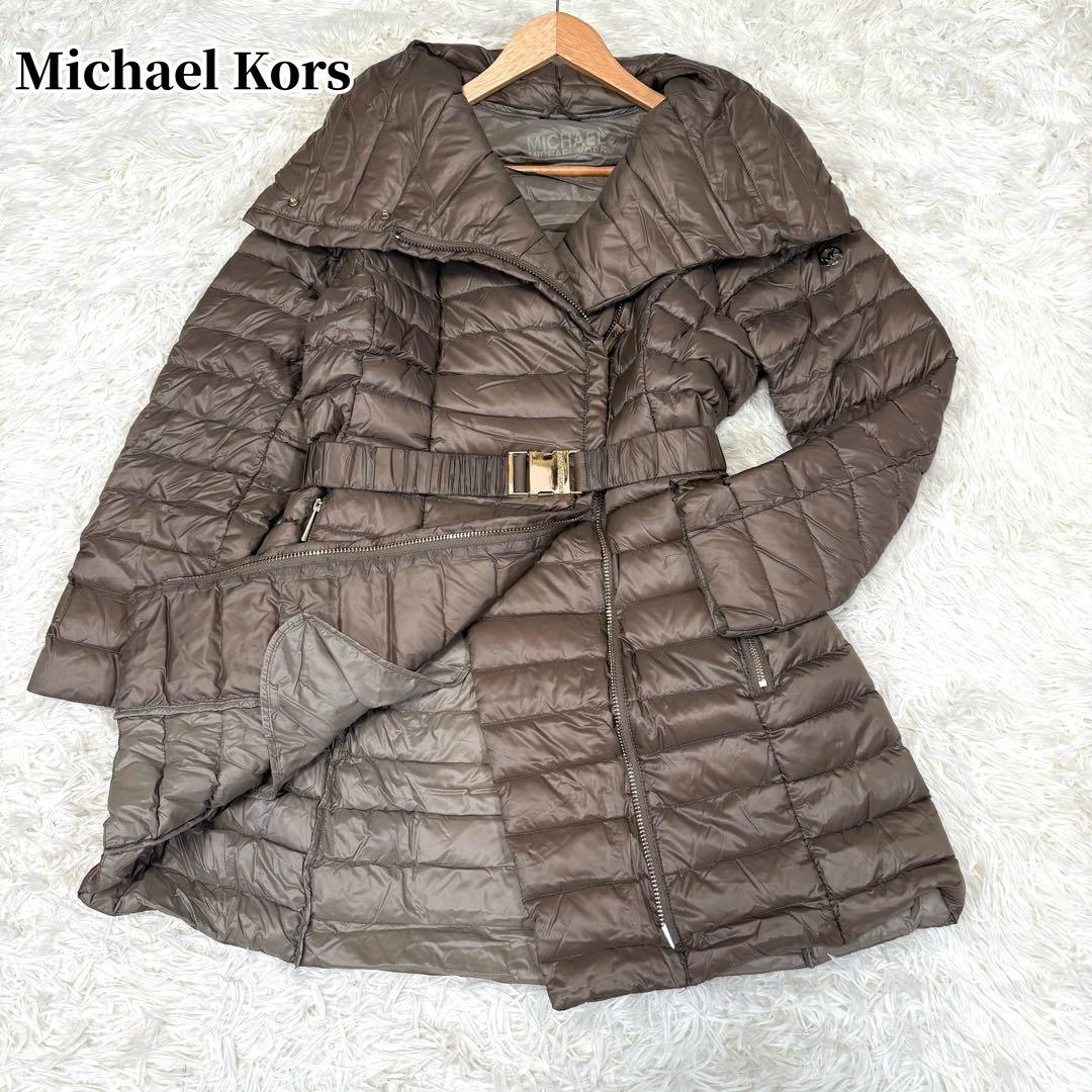 マイケルコース ビッグカラー ダウンコート ロング丈 ベルト付き モカブラウン