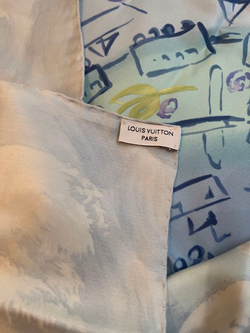 LOUIS VUITTON ヴィトン シルク大判スカーフ 水色 乗り物 箱あり