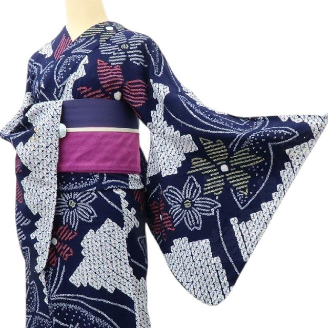 美品 有松鳴海絞り 蝶 高級浴衣 着物 綿 A3150