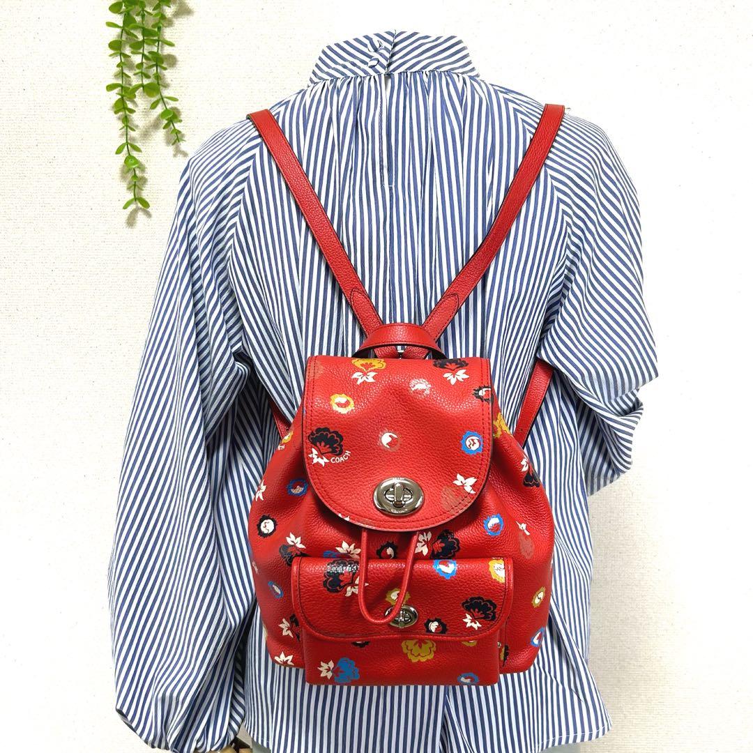 COACH 　コーチ　フローラル　ターンロック　ミニリュック　 花柄 　レッド