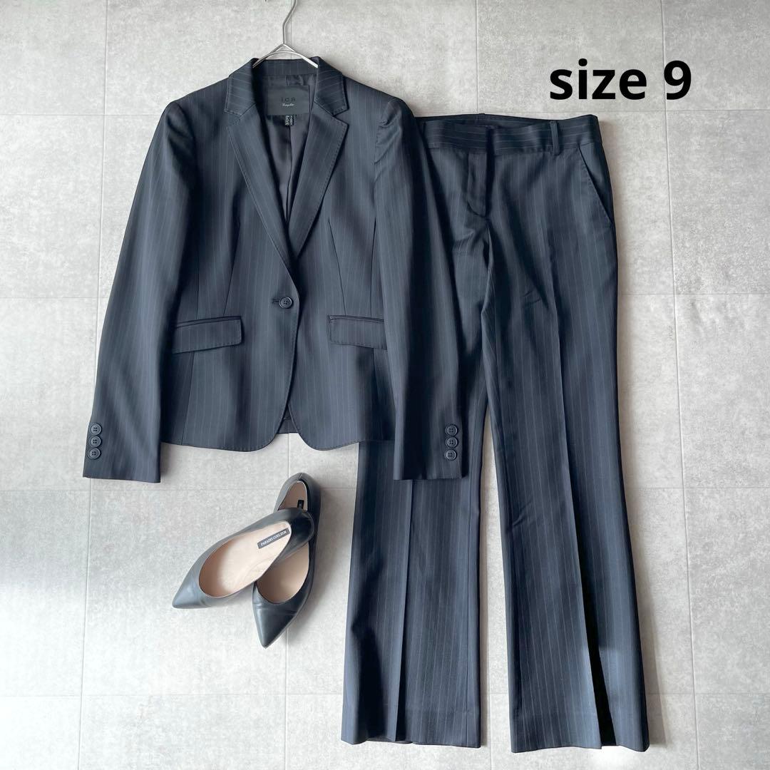 【美品】iCB complete ストライプ パンツスーツ セットアップ 紺 9