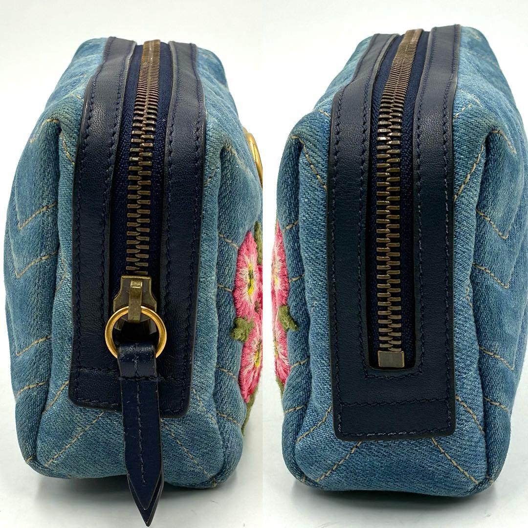 極美品 グッチ デニム GGマーモント フラワー ポーチ 小物入れ 476165