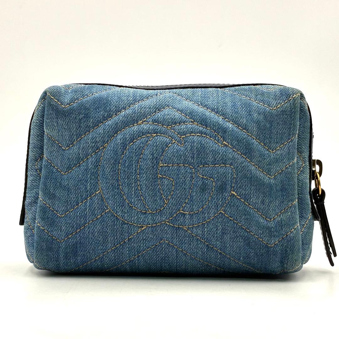 極美品 グッチ デニム GGマーモント フラワー ポーチ 小物入れ 476165