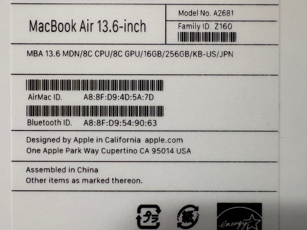 M2 MacBook Air 13インチ ミッドナイト (16GB/USキー)