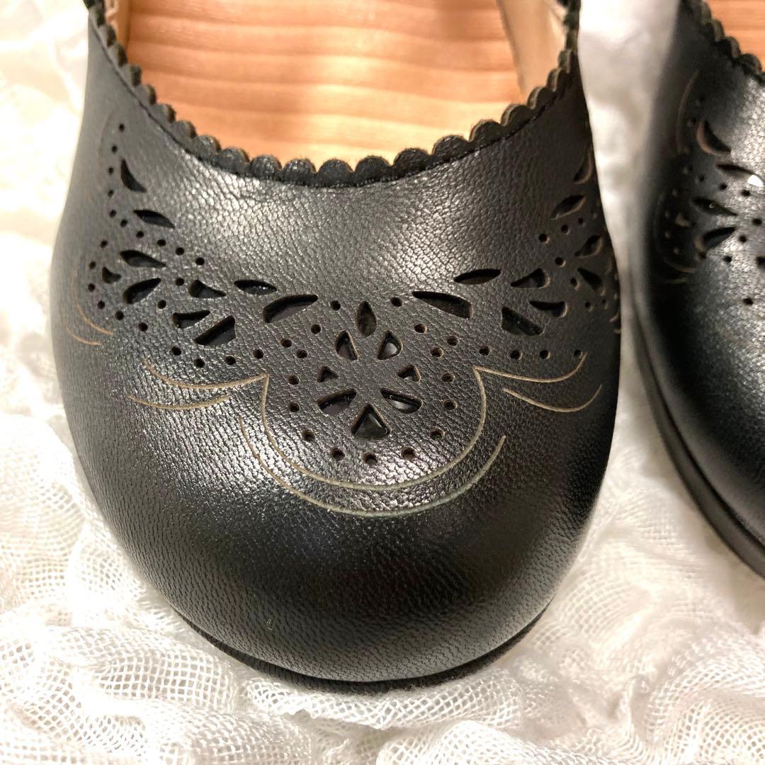 ダブルストラップデザイン　本革　レザー　厚底　パンプス　黒　ブラック　ハイヒール