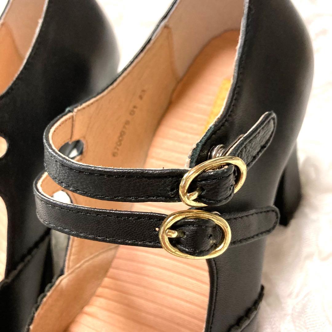 ダブルストラップデザイン　本革　レザー　厚底　パンプス　黒　ブラック　ハイヒール