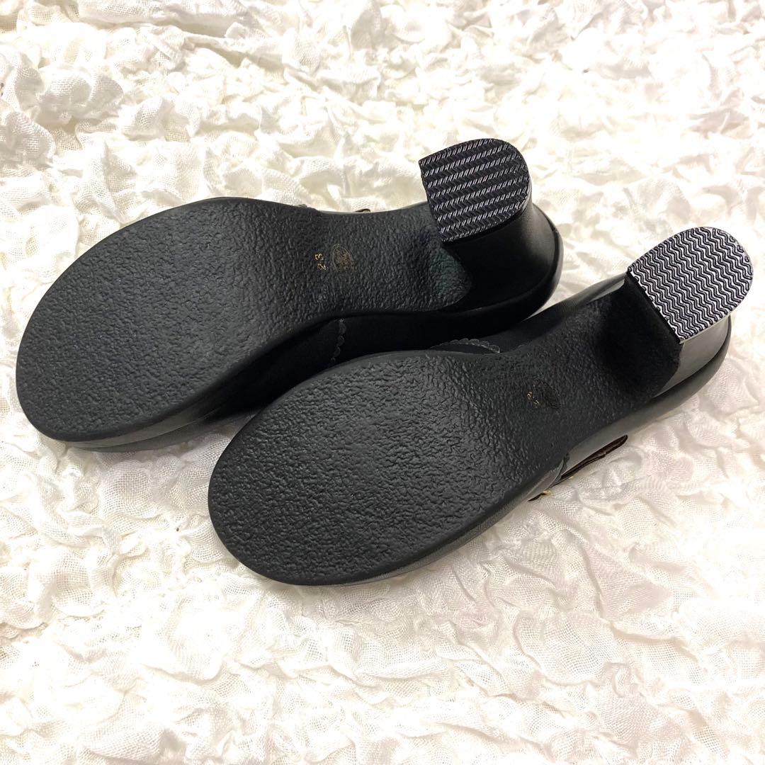 ダブルストラップデザイン　本革　レザー　厚底　パンプス　黒　ブラック　ハイヒール