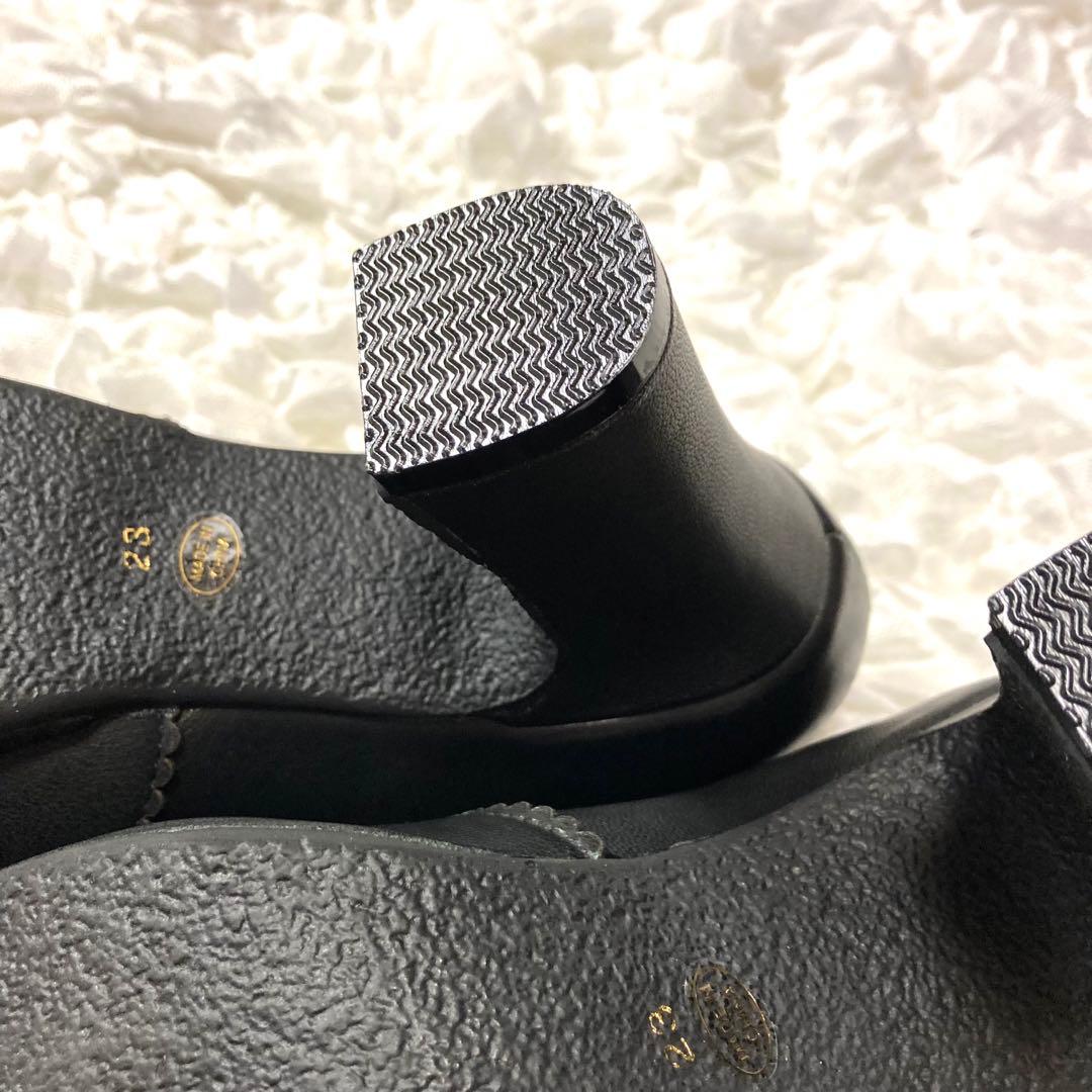 ダブルストラップデザイン　本革　レザー　厚底　パンプス　黒　ブラック　ハイヒール