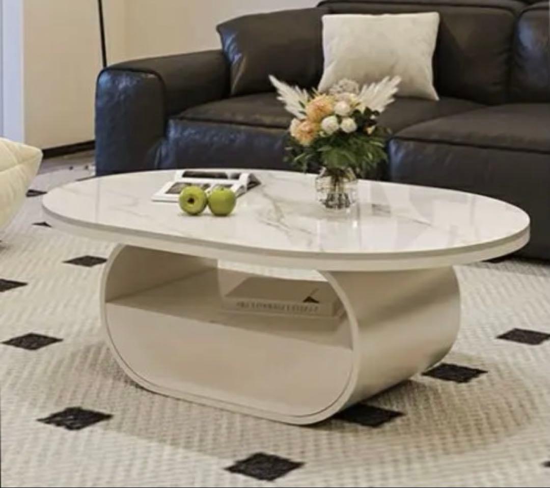 大理石柄 白 セラミック ローテーブル 楕円型 100cm 引き出し収納付き