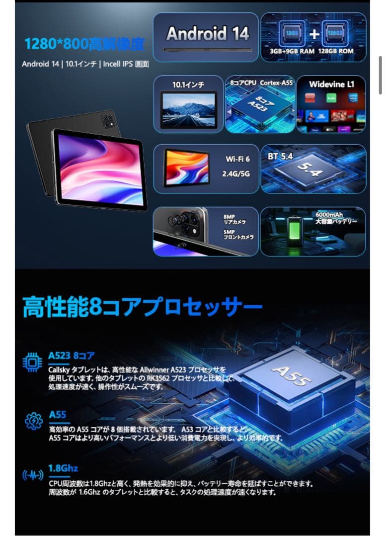 Android14 タブレット　10.1インチ Wi-Fiモデル　8コアCPU