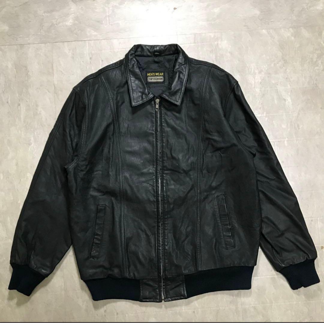 80s レザーボンバージャケット　本革　短丈　ブラック　黒　ノームコア　無地　春