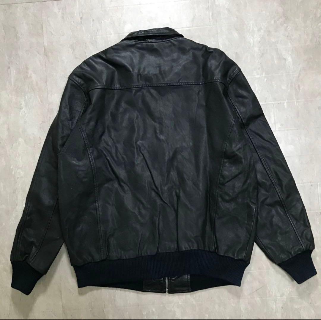 80s レザーボンバージャケット　本革　短丈　ブラック　黒　ノームコア　無地　春