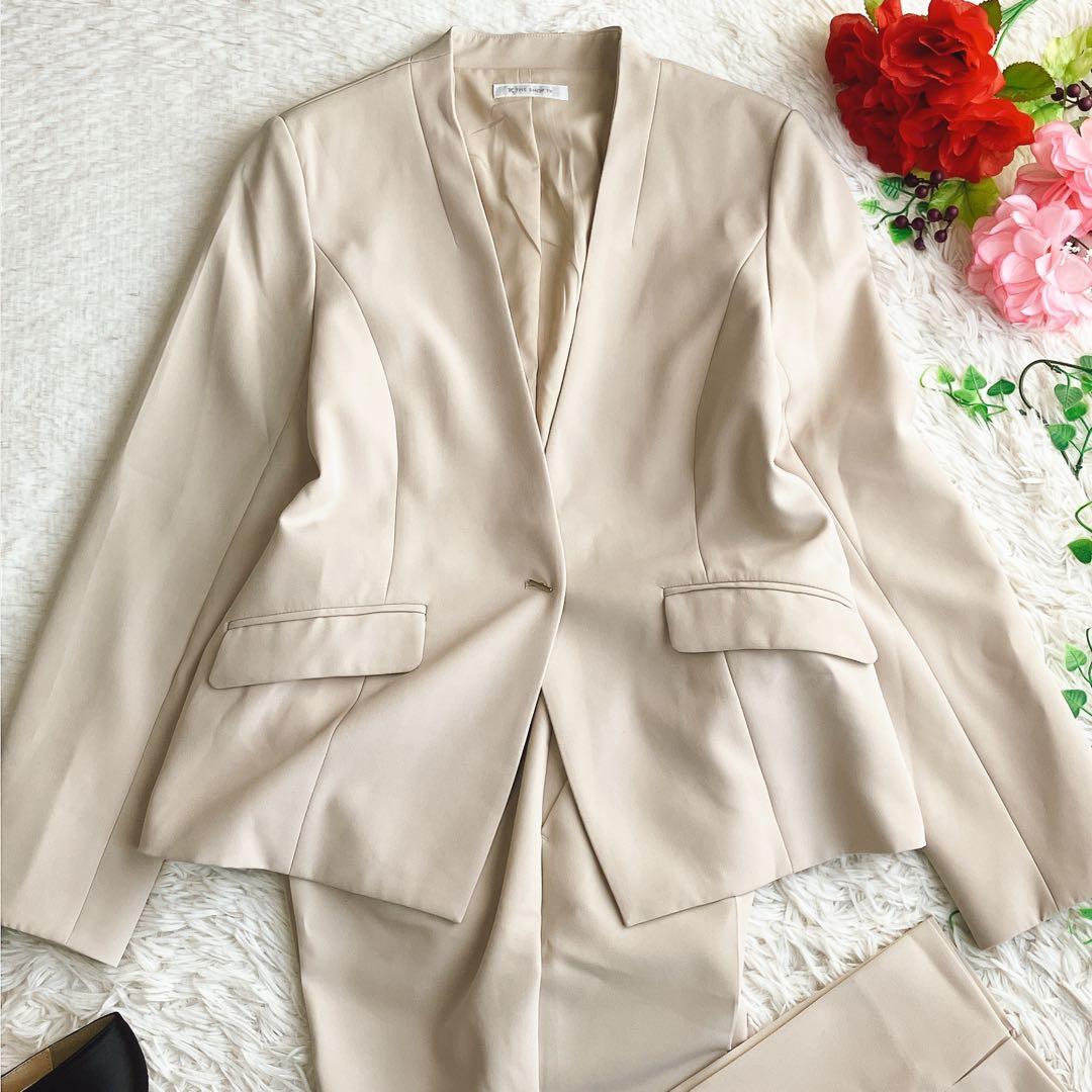THE SHOP TK/ワールド★ストレッチ ノーカラーパンツスーツ ベージュL