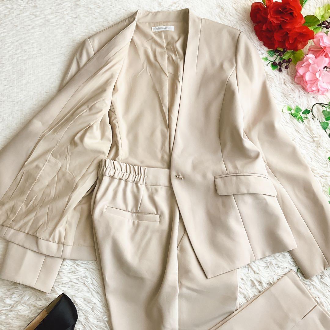 THE SHOP TK/ワールド★ストレッチ ノーカラーパンツスーツ ベージュL