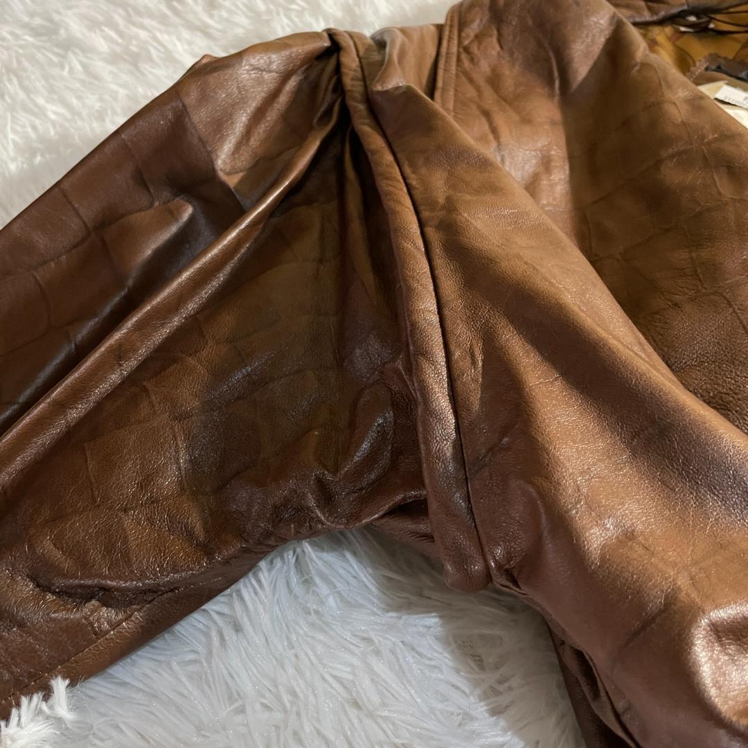 タグ付 80s 伊製 本革 羊 クロコ型押し コート 裏地スカーフ柄 F ダブル