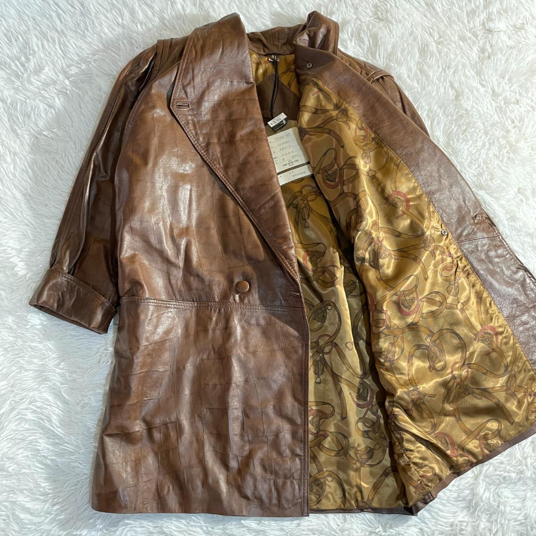 タグ付 80s 伊製 本革 羊 クロコ型押し コート 裏地スカーフ柄 F ダブル