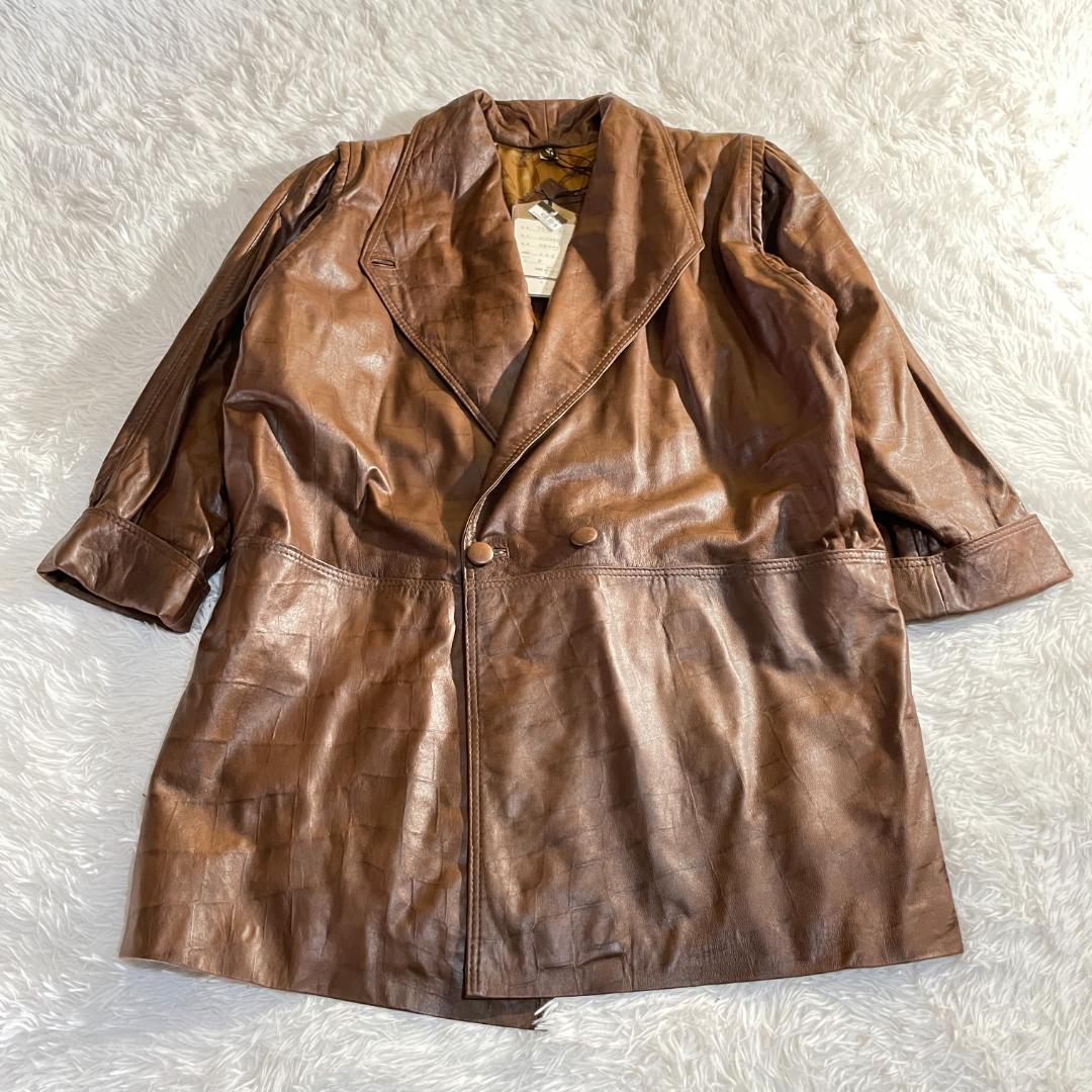 タグ付 80s 伊製 本革 羊 クロコ型押し コート 裏地スカーフ柄 F ダブル