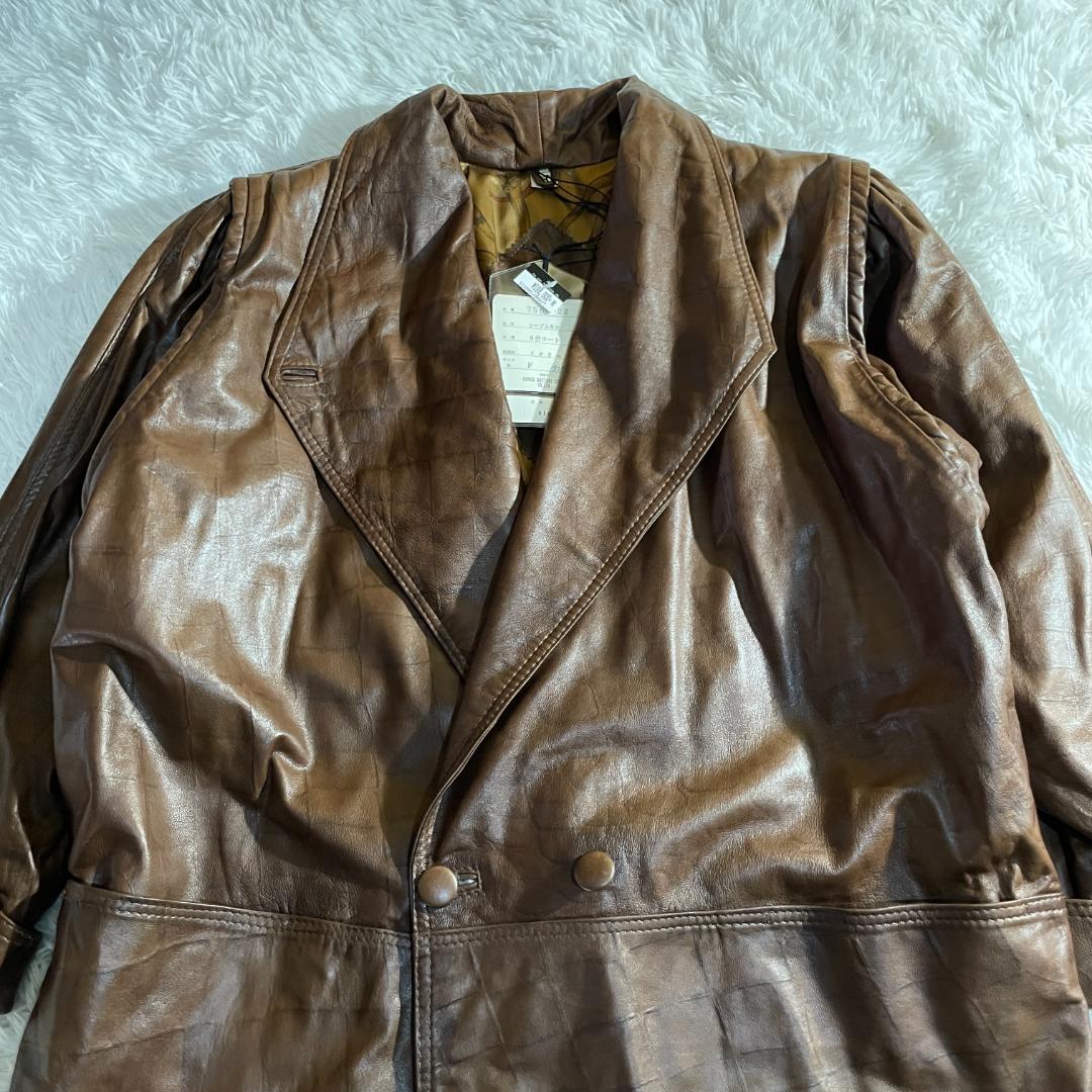 タグ付 80s 伊製 本革 羊 クロコ型押し コート 裏地スカーフ柄 F ダブル