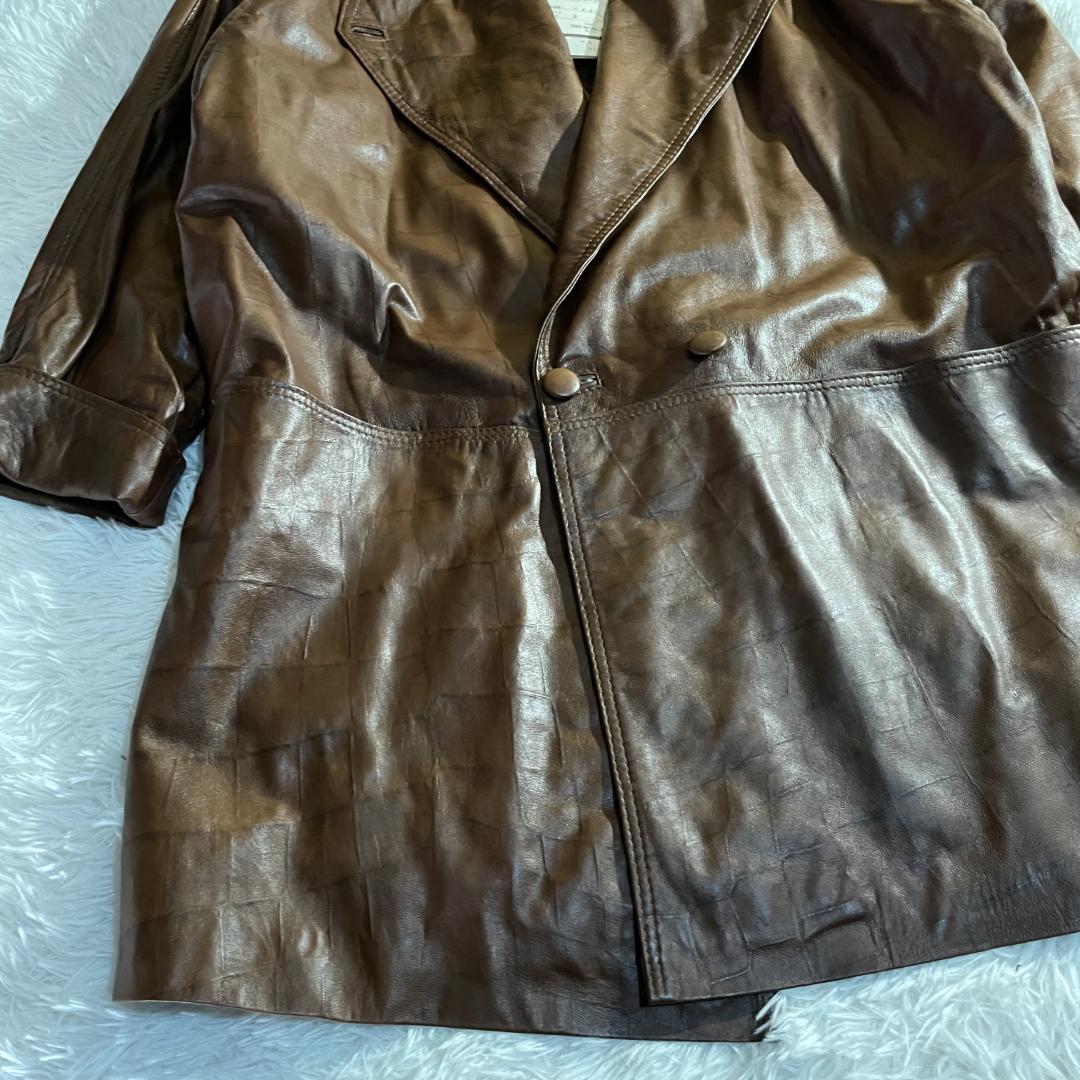 タグ付 80s 伊製 本革 羊 クロコ型押し コート 裏地スカーフ柄 F ダブル