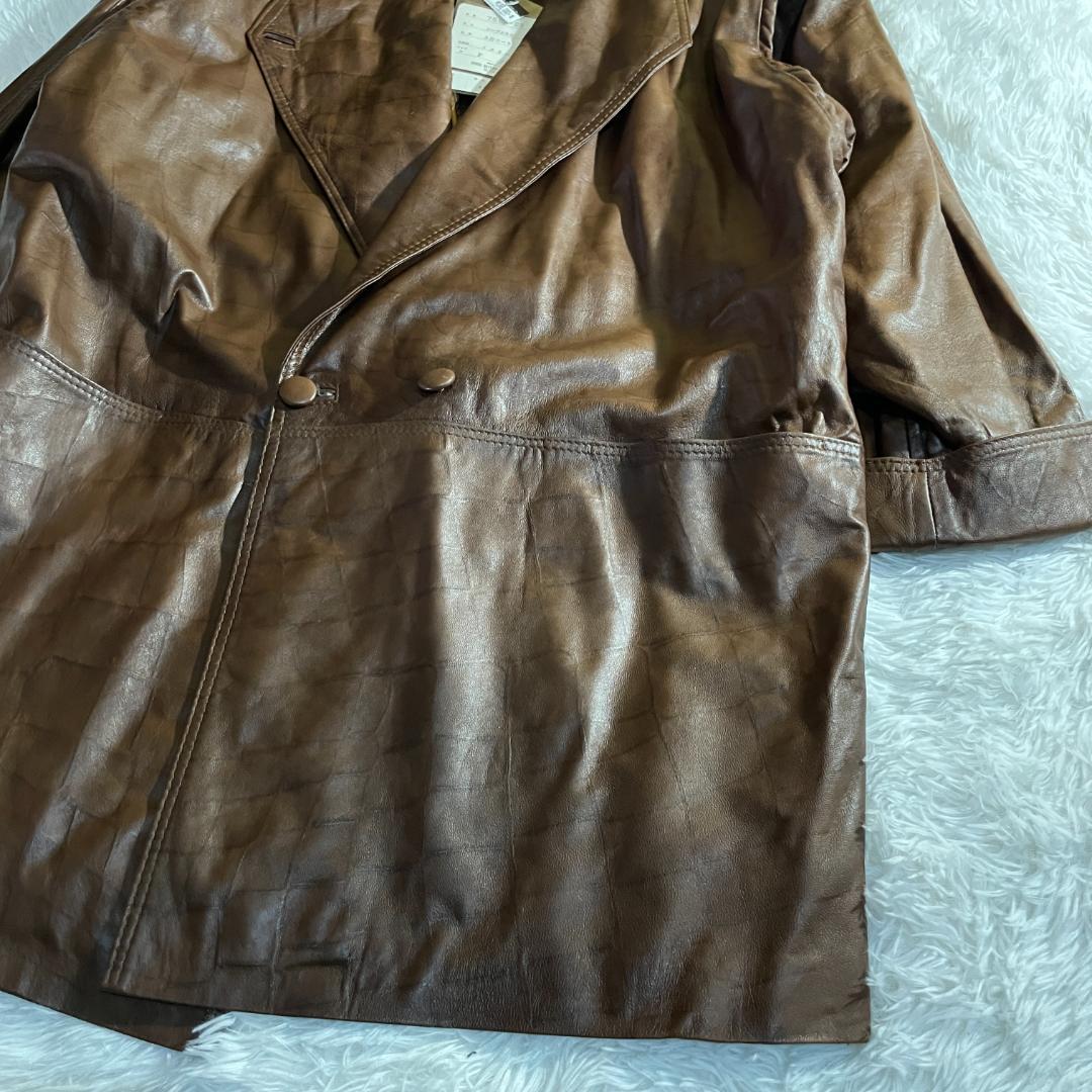 タグ付 80s 伊製 本革 羊 クロコ型押し コート 裏地スカーフ柄 F ダブル