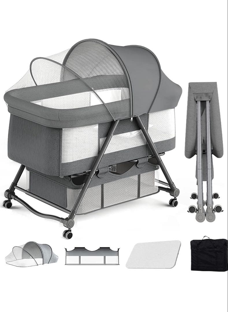 【未使用】UBRAVOO ベビーベッド 折りたたみ キャスター付き ゆりかご