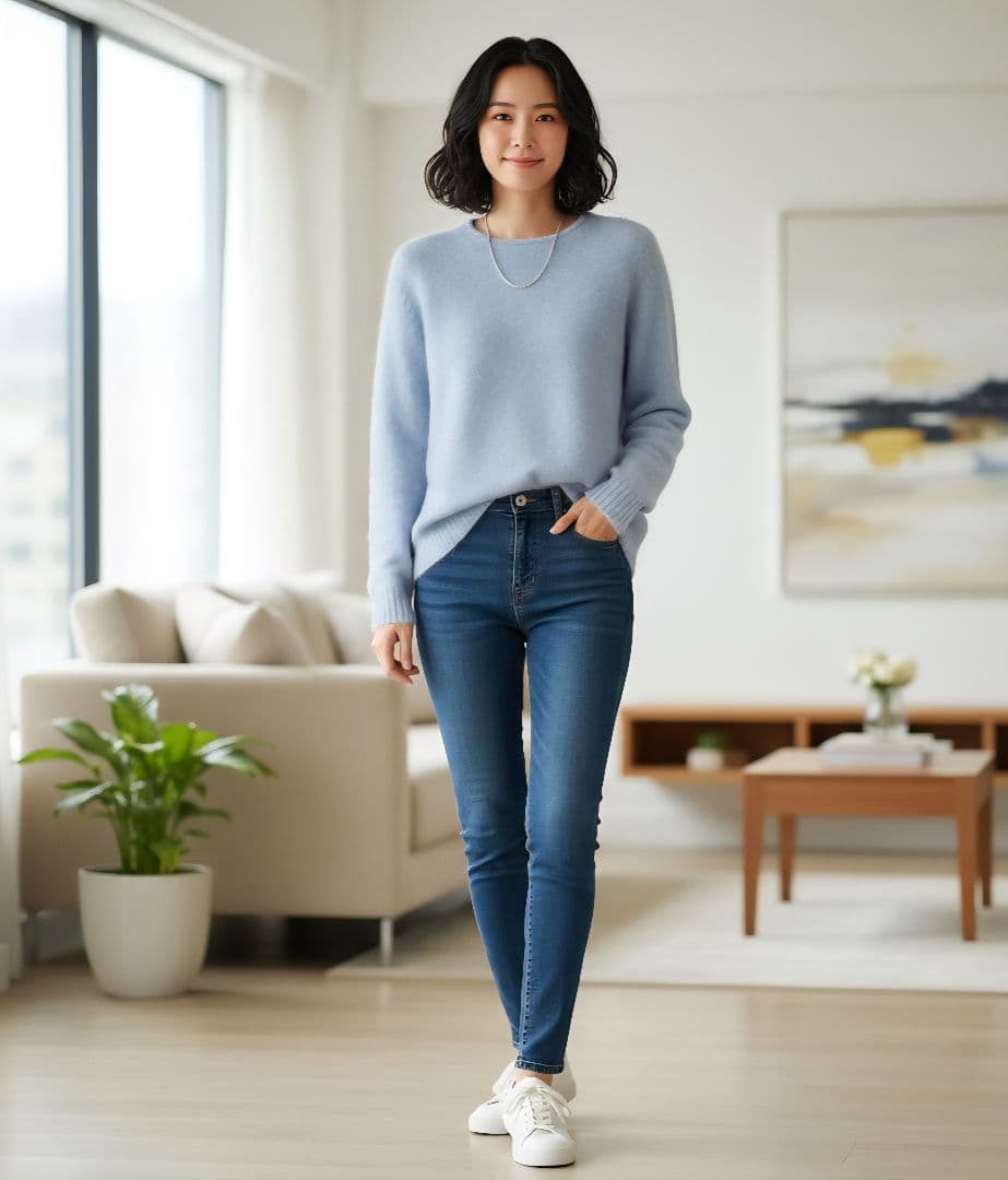 日本製 ドゥロワー Drawer カシミヤファークルーネックニット 1 S 水色