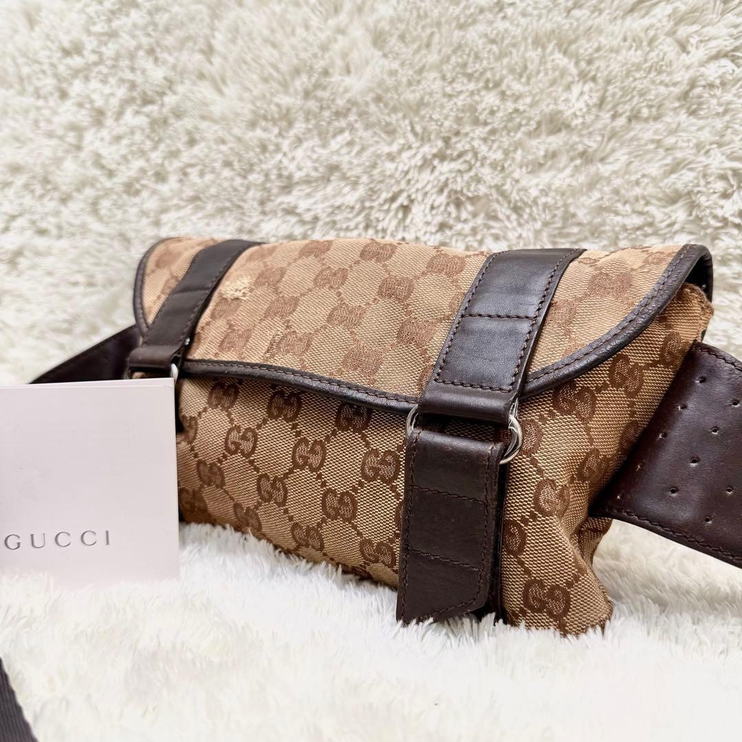 GUCCIグッチ ボディバッグ ウエストポーチ GGキャンバス ブラウン レザー
