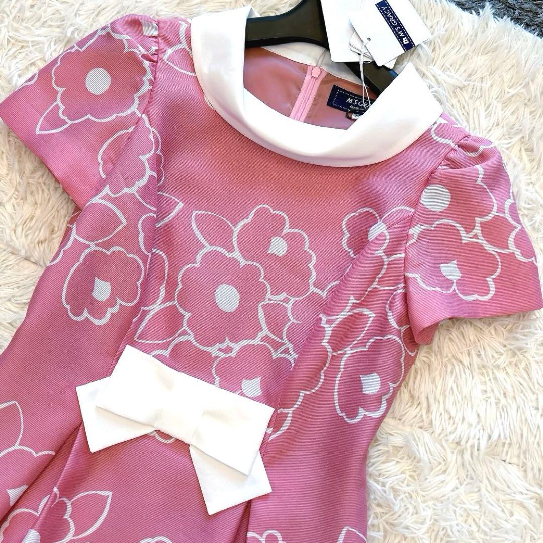 極美品✨エムズグレイシー　カメリアフレアワンピース　フラワープリント　リボン36