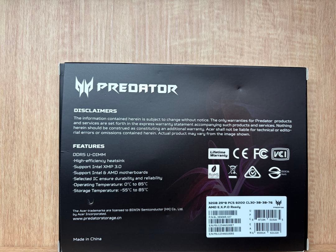メモリー Predator DDR5 C30 6000MHz 64GB 32GB x2