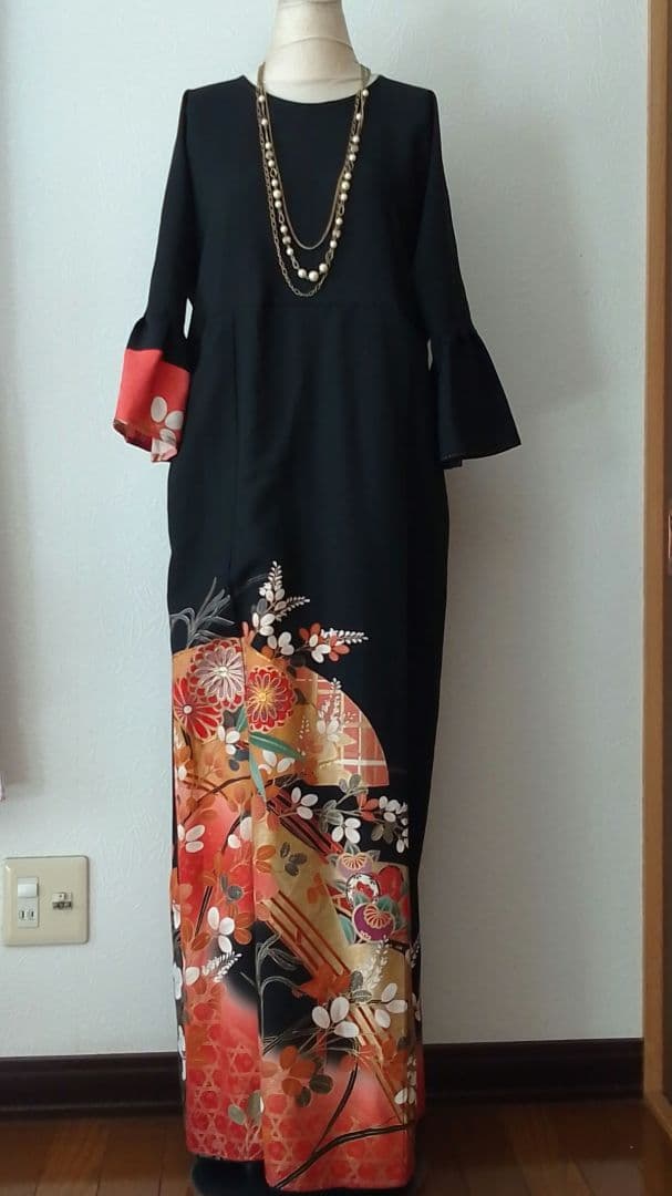 着物リメイクワンピース 留袖ドレス萩と菊 落款あり作家物