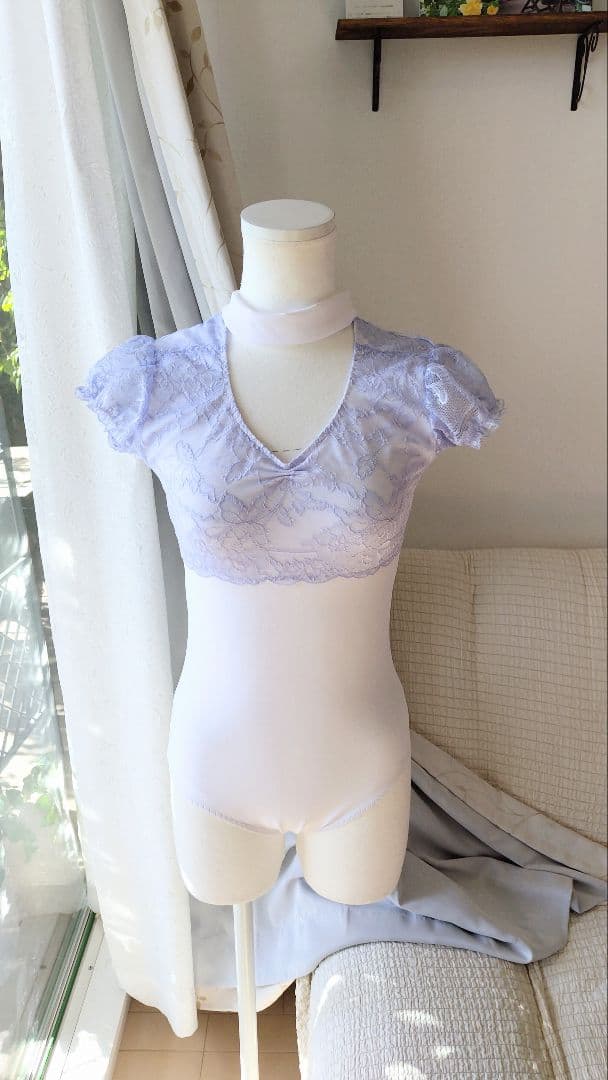 Ｓ～Ｍ／シンデレラのドレス風、アイスブルーのチョーカーリボン娘役レオタード白