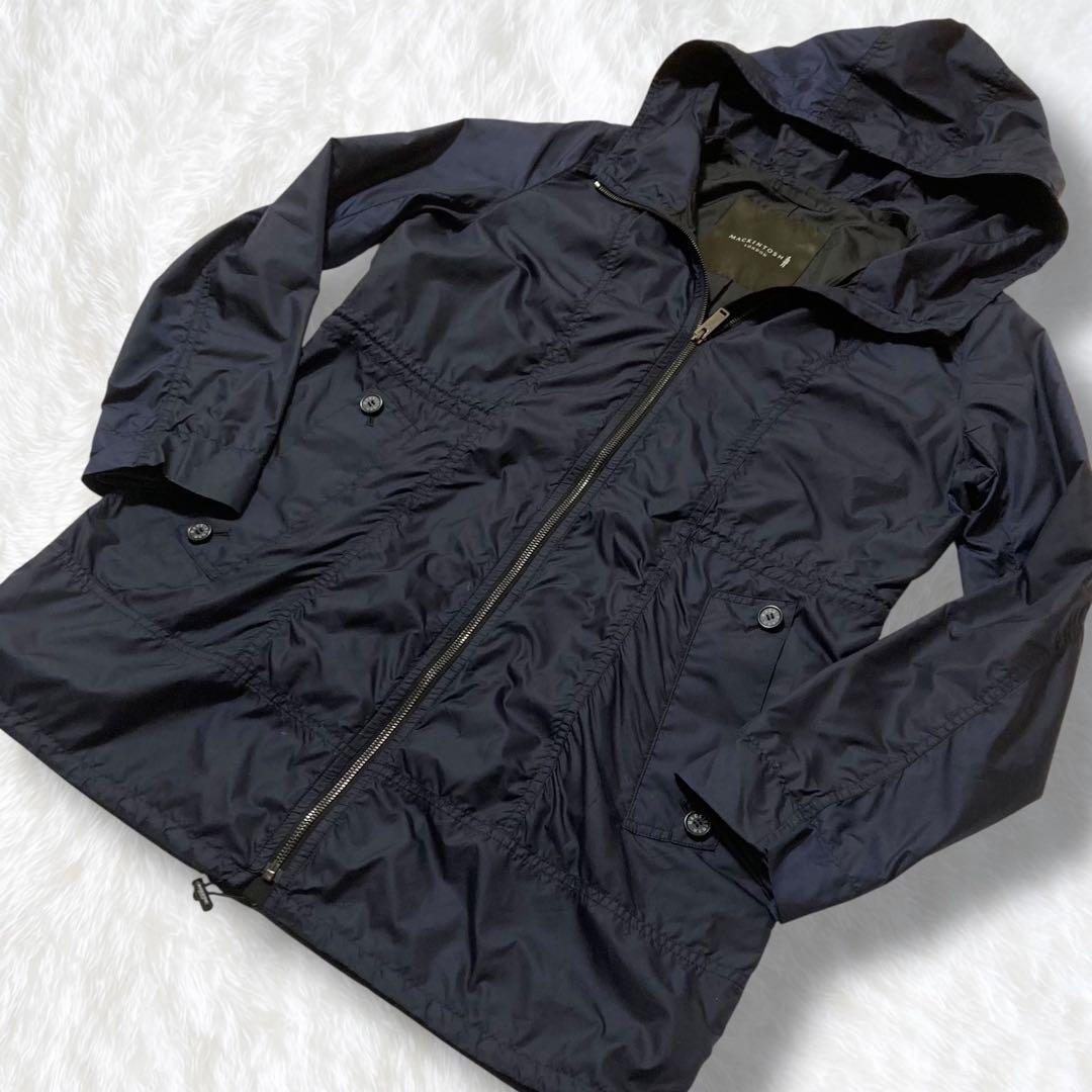 美品 マッキントッシュ ロンドン 撥水 ナイロンコート フーデッド ネイビー M