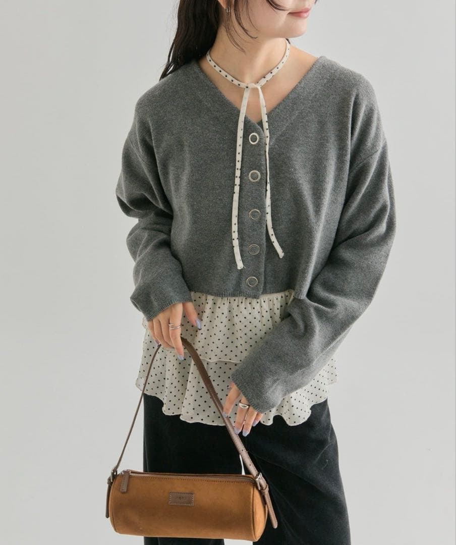 mystic ドットティアードプルオーバー　Vネックカーディガン　セット