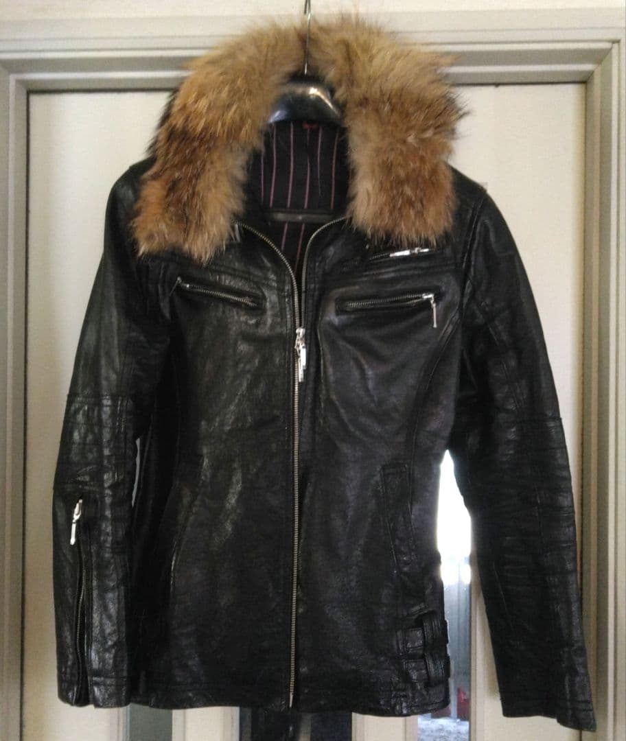 A.S.M本革ライダースレザージャケット50Ｌサイズ黒ラクーンファー付Wジップ