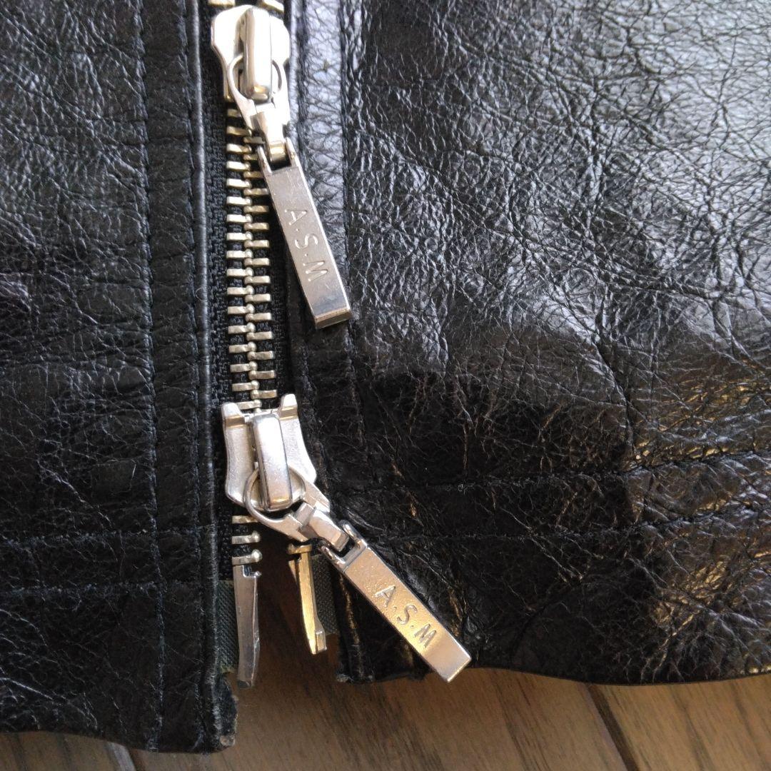 A.S.M本革ライダースレザージャケット50Ｌサイズ黒ラクーンファー付Wジップ