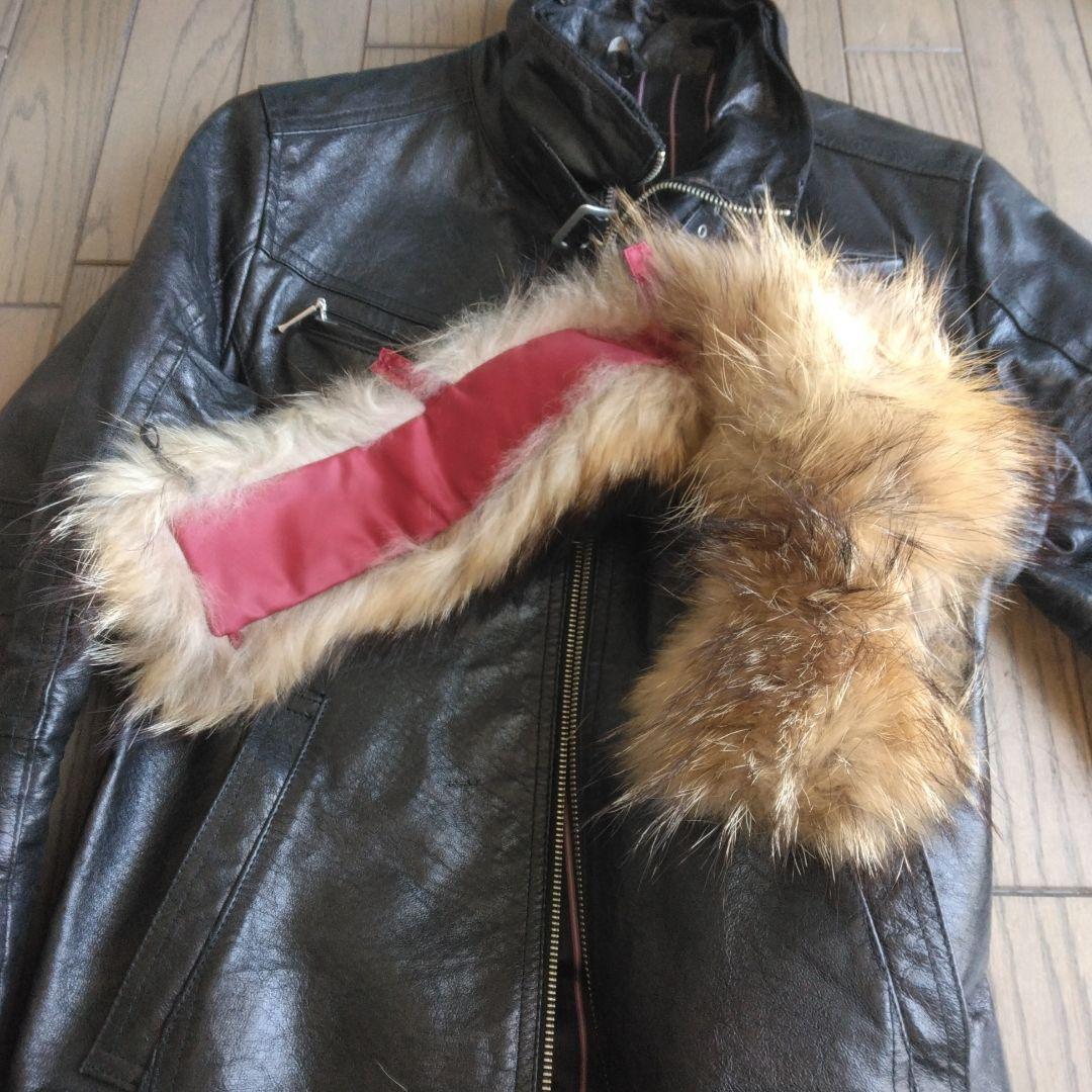 A.S.M本革ライダースレザージャケット50Ｌサイズ黒ラクーンファー付Wジップ