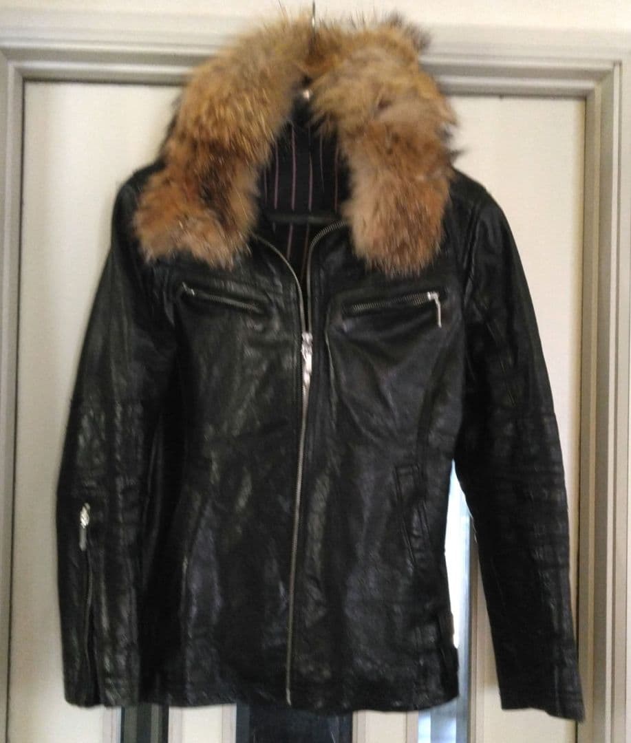 A.S.M本革ライダースレザージャケット50Ｌサイズ黒ラクーンファー付Wジップ