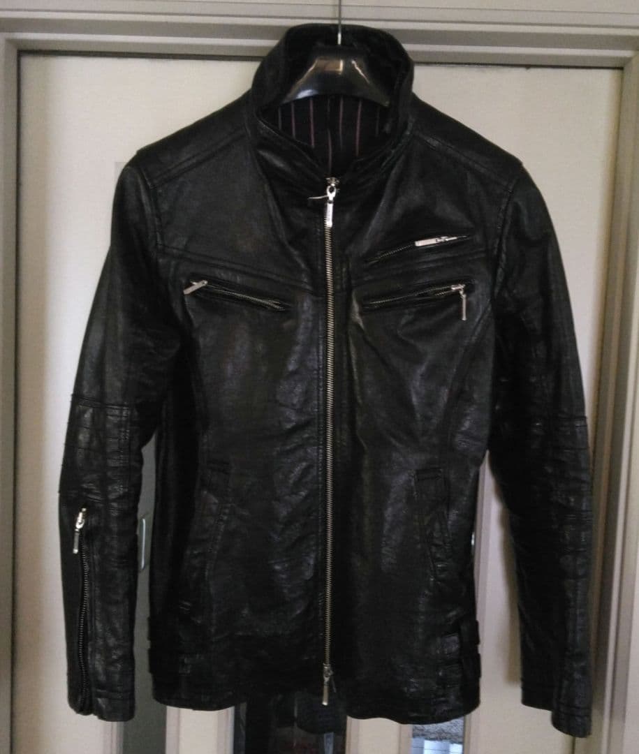 A.S.M本革ライダースレザージャケット50Ｌサイズ黒ラクーンファー付Wジップ