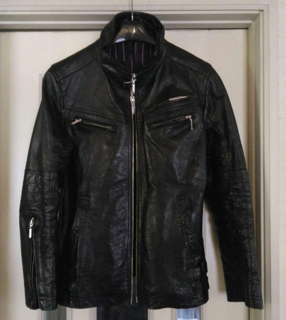 A.S.M本革ライダースレザージャケット50Ｌサイズ黒ラクーンファー付Wジップ