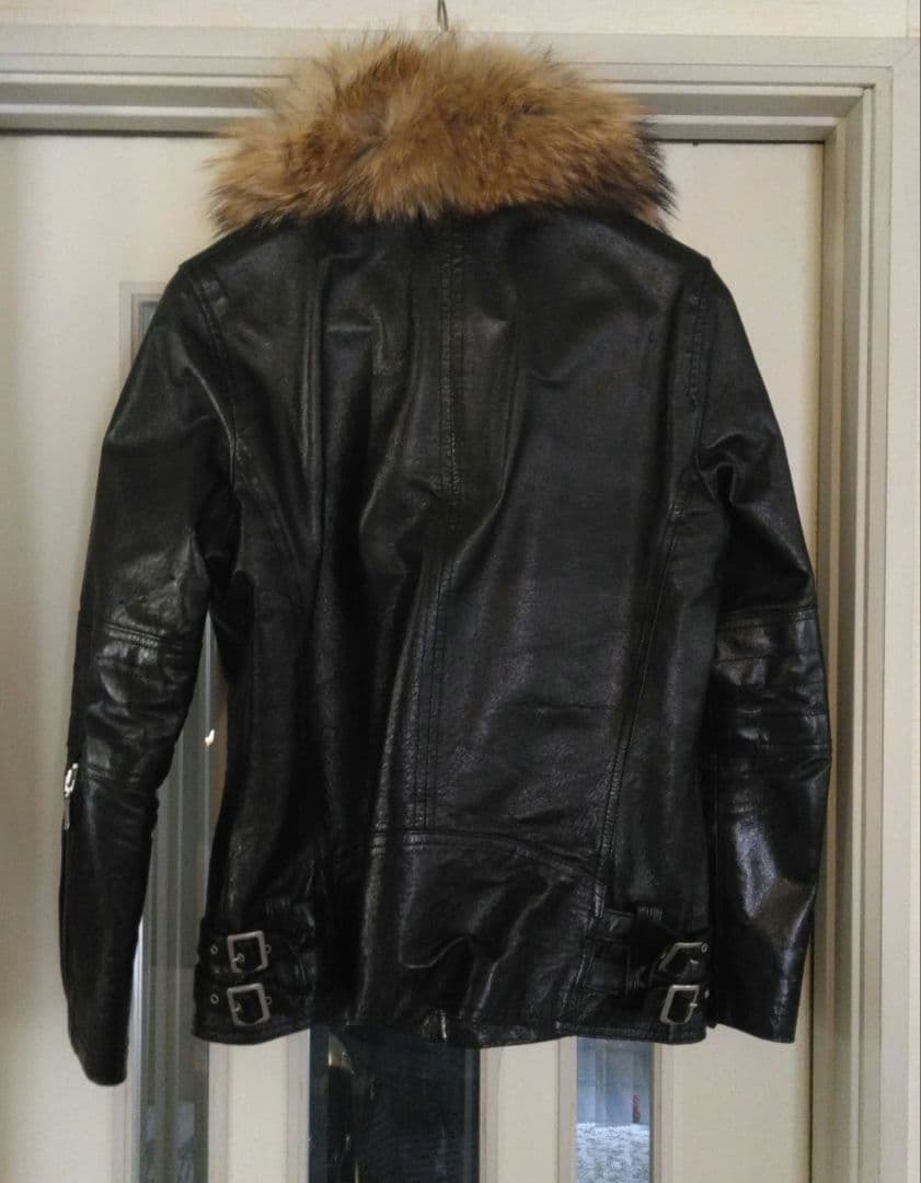 A.S.M本革ライダースレザージャケット50Ｌサイズ黒ラクーンファー付Wジップ