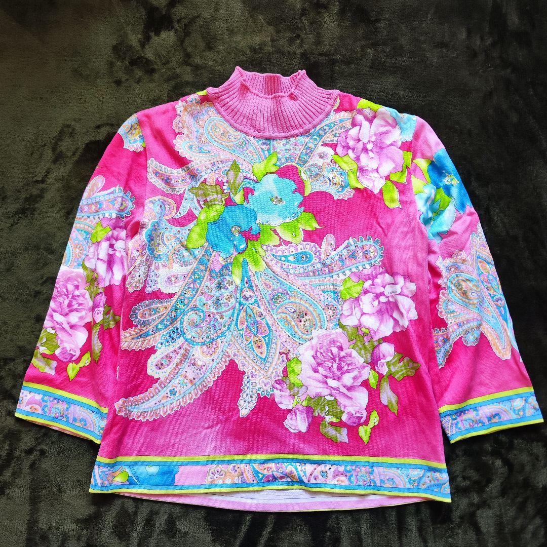 【極美品】LEONARD レオナール 七分袖カットソー ピンクラインストーン L