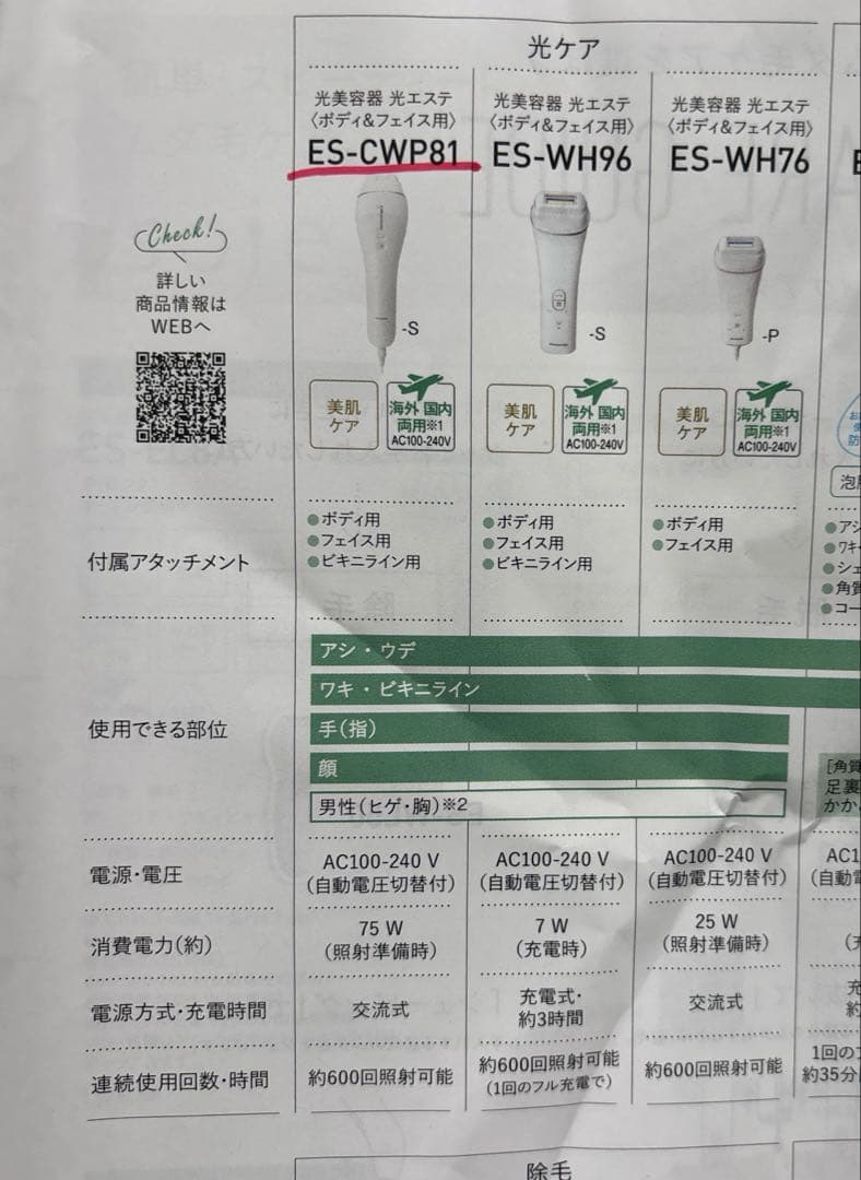 【平田】 Panasonic 脱毛器 ES-CWP81 光エステ