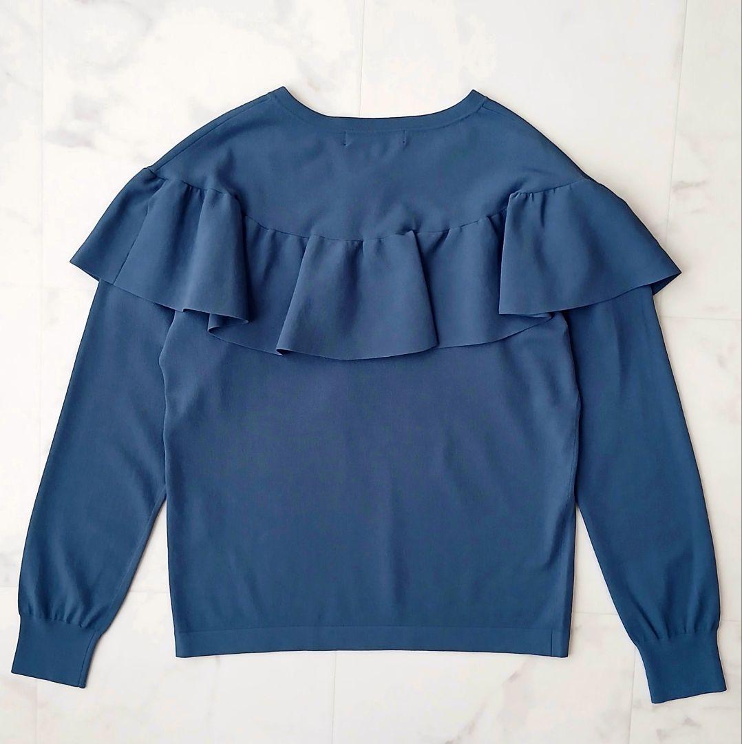 美品 アナイ 上品 ラッフルフリル プルオーバーニット 38 ブルー系 金ボタン